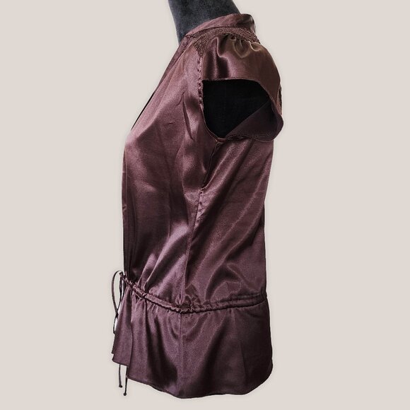LOVE SQUARED Brown Satin Drawstring Button Blouse w/ Lace Detailing Top Shirt - Picture 2 of 9